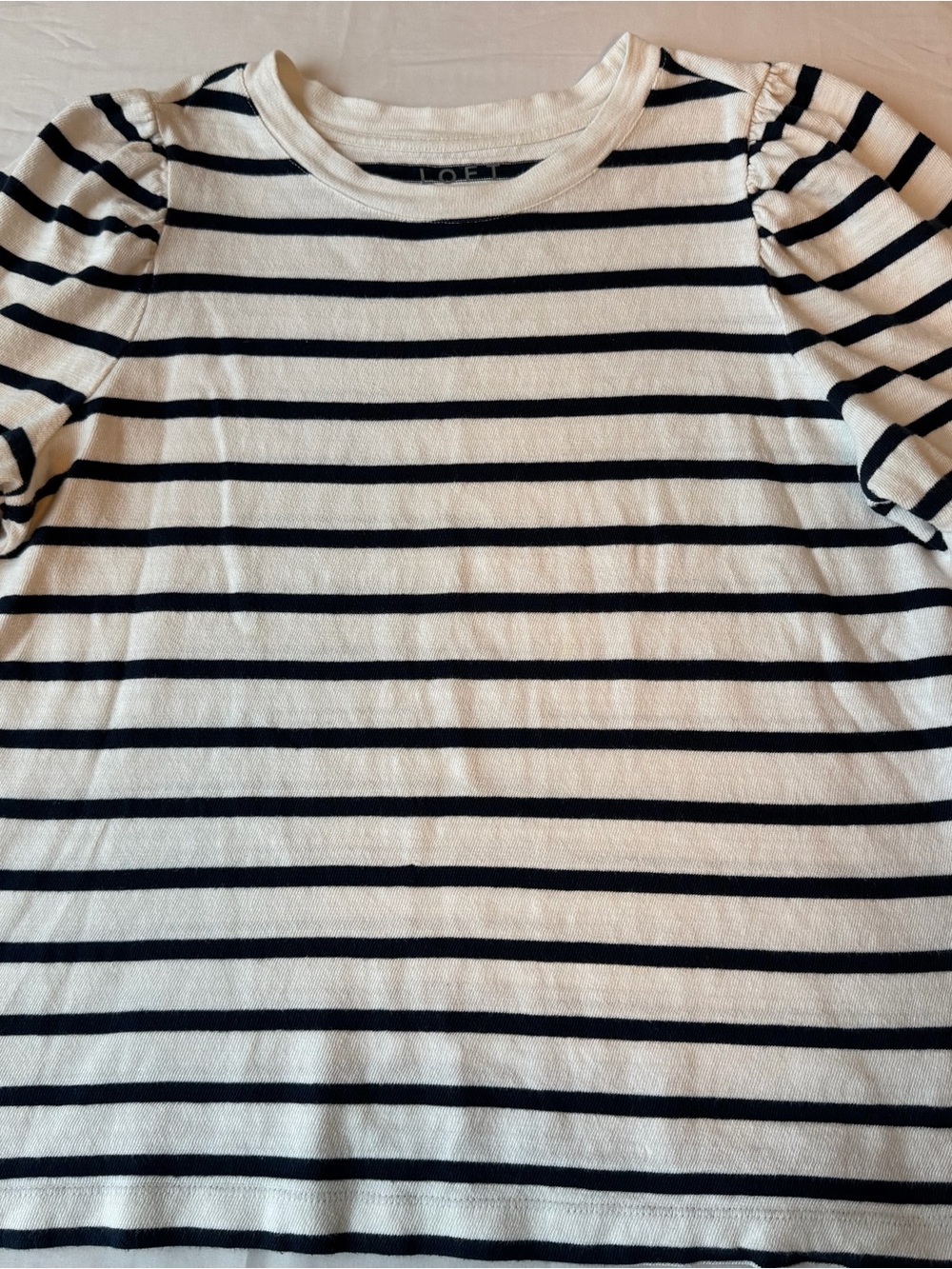 LOFT Navy and White Striped Puff Sleeve Knit Blouse